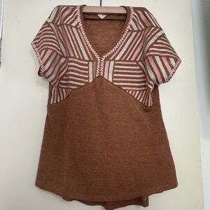 Savanna Jane Brown Short Sleeve Knit Top with Pink & Cream Stripe Yoke